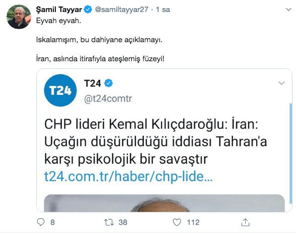 Şamil Tayyar Kılıçdaroğlu'nun İran'da düşen uçakla ilgili iddiasını tiye aldı - Resim: 0