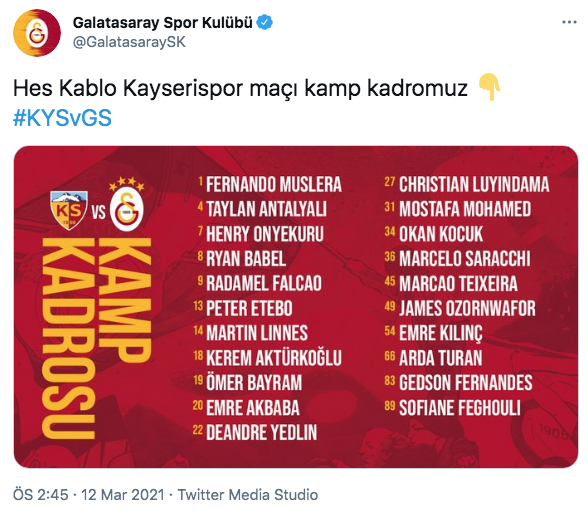 İşte Galatasaray'ın Kayserispor maçı kadrosu - Resim: 0