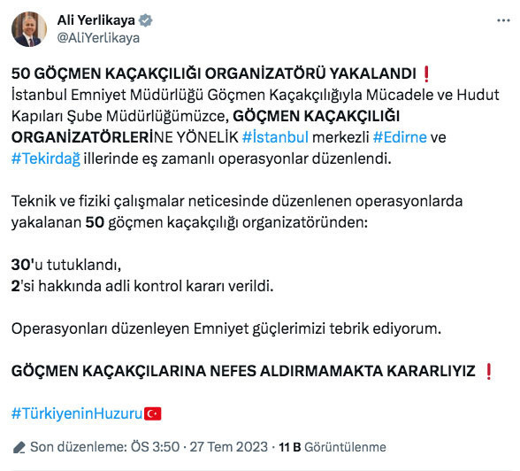 Ali Yerlikaya açıkladı: 50 göçmen kaçakçılığı organizatörü yakalandı - Resim: 0