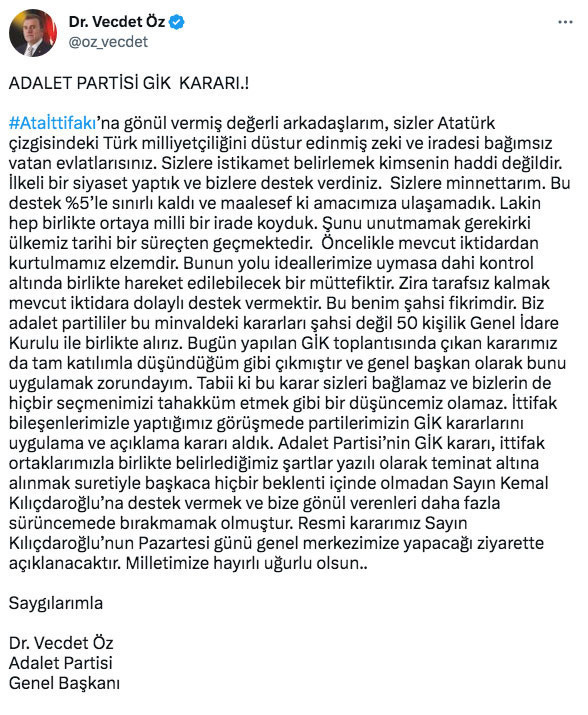 ATA İttifakı ortağı Adalet Partisi ikinci turda kimi destekleyeceğini açıkladı - Resim: 1