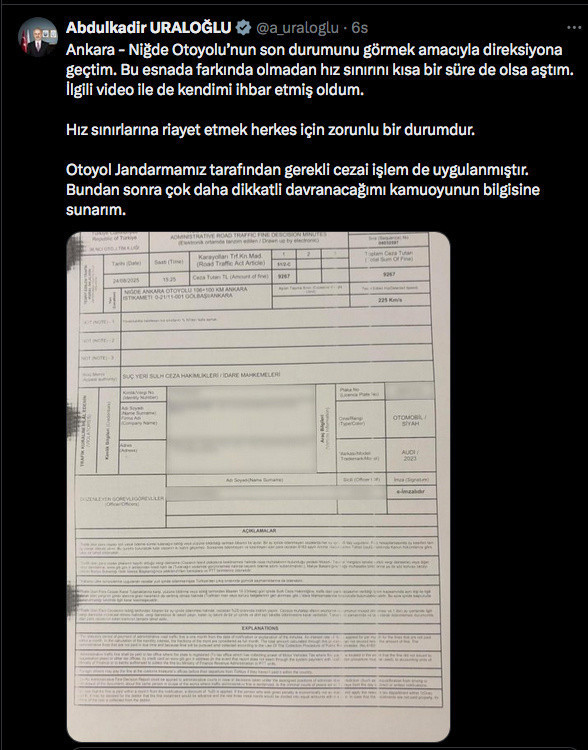 Abdulkadir Uraloğlu hız sınırını aştı kendini ihbar etti aldığı cezayı paylaştı - Resim: 0