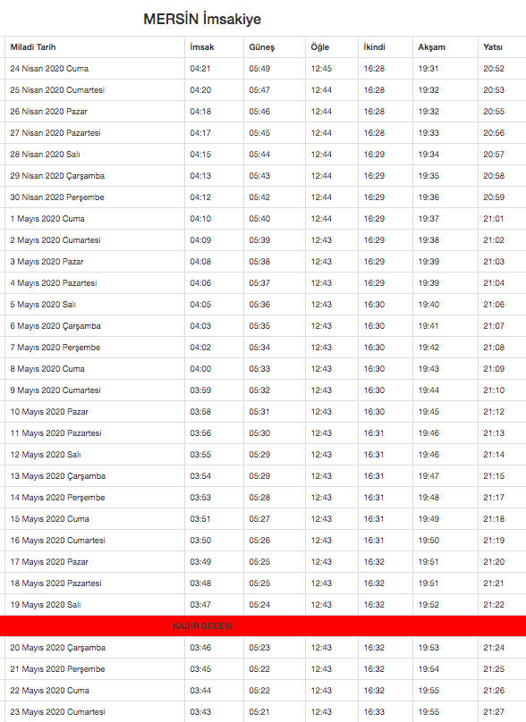 mersin imsakiye 2020 diyanet
