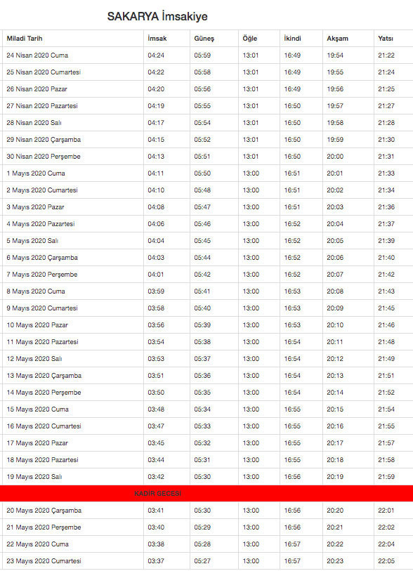 sakarya imsakiye 2020 diyanet