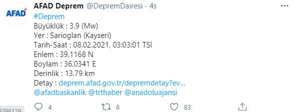 Kayseri'de 3,9 büyüklüğünde deprem! AFAD'dan açıklama var - Resim: 0