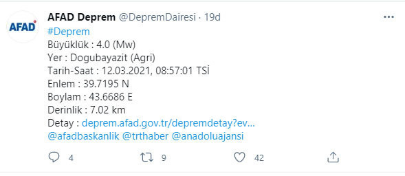 AFAD açıkladı! Ağrı Doğubeyazıt'ta 4.0 büyüklüğünde deprem - Resim: 0