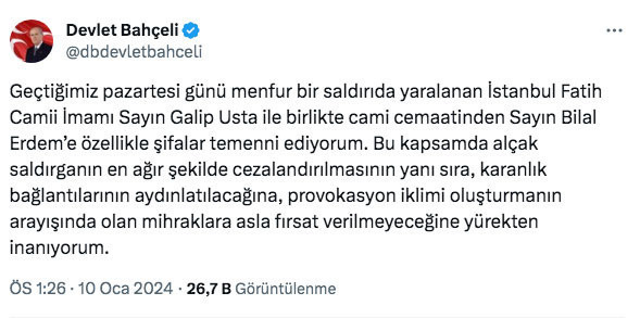 Bahçeli'den Fatih Camisi imamının bıçaklanmasına sert tepki: Karanlık bağlantıları aydınlatılacak - Resim: 0