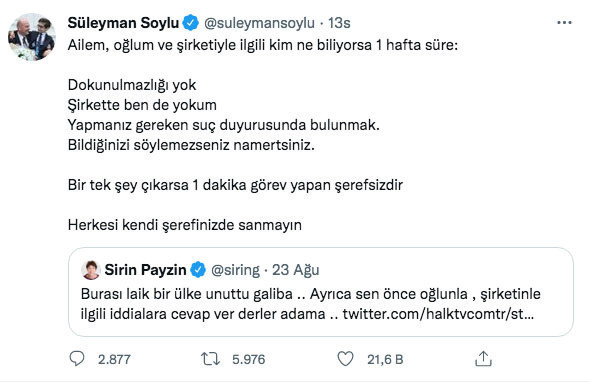 Süleyman Soylu'dan Şirin Payzın'a 1 hafta süre: Bir tek şey çıkarsa 1 dakika görev yapan şerefsizdir - Resim: 0