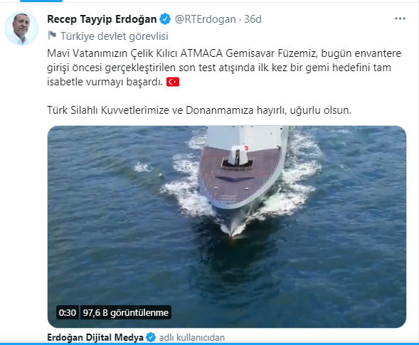 Cumhurbaşkanı Erdoğan'dan "Atmaca Gemisavar Füzesi" paylaşımı - Resim: 0
