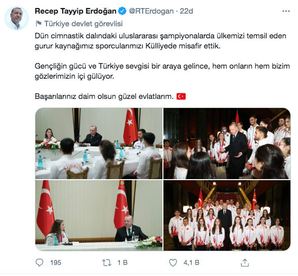 Cumhurbaşkanı Erdoğan'dan şampiyonalarda madalya alan cimnastikçilerle ilgili paylaşım - Resim: 0