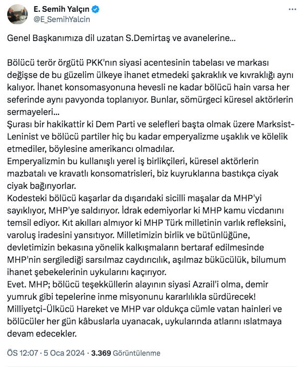 MHP'li Semih Yalçın'dan Demirtaş'ın 'Devleti MHP yönetiyor' iddiasına sert yanıt - Resim: 0