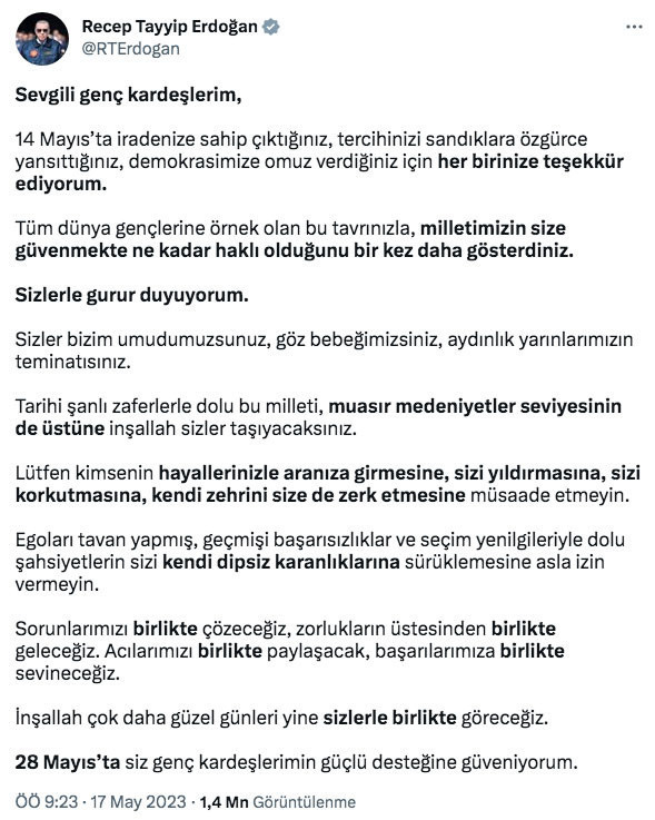 Cumhurbaşkanı Erdoğan'dan ikinci tur öncesi gençlere yönelik paylaşım - Resim: 0