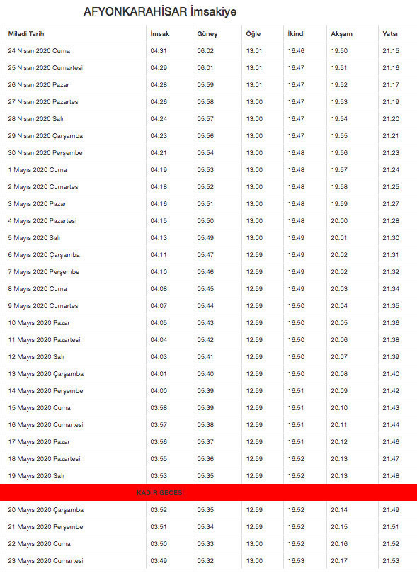 afyonkarahisar imsakiyesi 2020