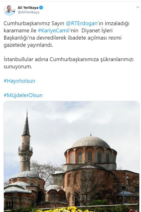 Vali Yerlikaya'dan dikkat çeken Kariye Camii paylaşımı - Resim: 0