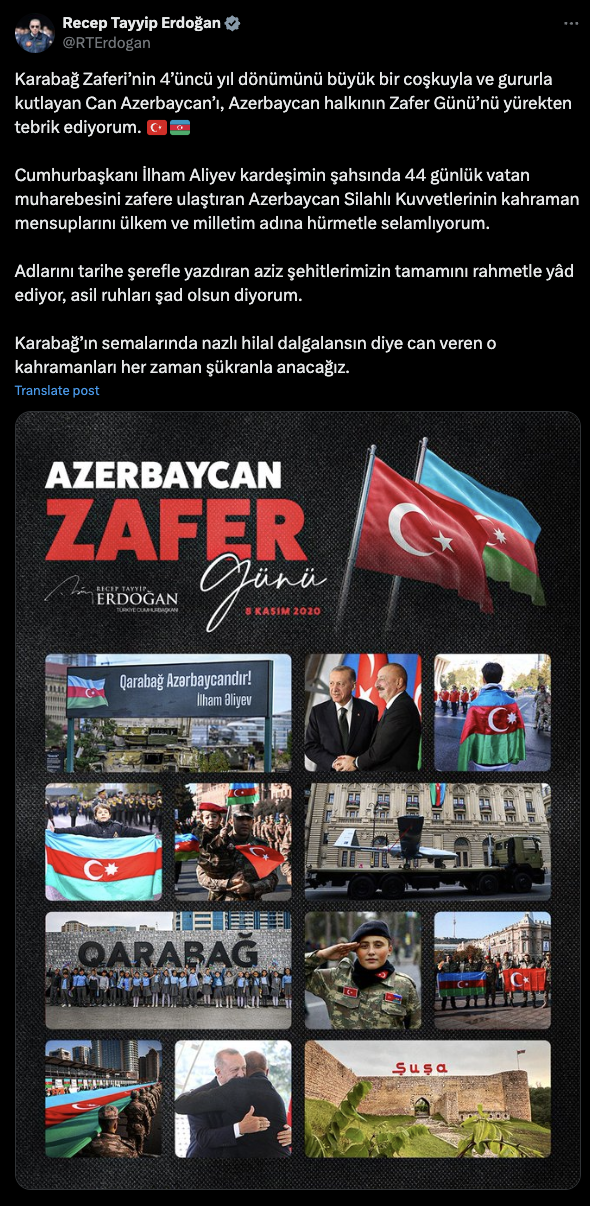 Cumhurbaşkanı Erdoğan, Azerbaycan'ın Zafer Günü'nü kutladı - Resim: 0