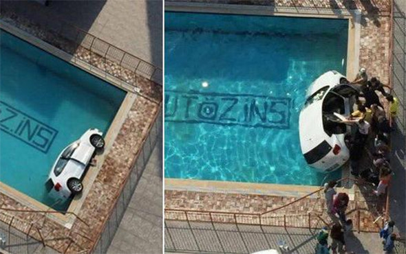 Akılalmaz kaza: Otomobil site havuzuna uçtu! - Resim: 1