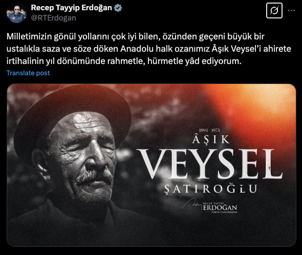 Cumhurbaşkanı Erdoğan, halk ozanı Aşık Veysel'i vefat yıl dönümünde andı - Resim: 0