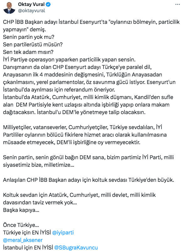 Oktay Vural'dan İmamoğlu'na Esenyurt yanıtı: Danışmanın öz savunma gücü istiyor - Resim: 0