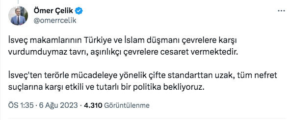 Ömer Çelik'ten Türkiye ve Erdoğan'ı hedef alan PKK yandaşlarına göz yuman İsveç'e tepki - Resim: 1