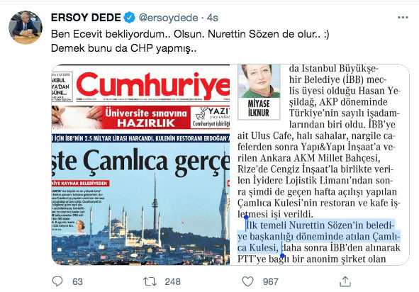 Cumhuriyet'in haberi olay oldu! Çamlıca Kulesi'nin temelini CHP'li Nurettin Sözen attı - Resim: 0
