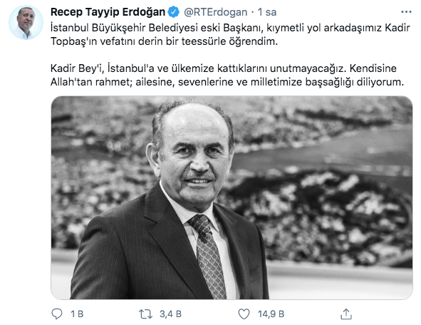 Cumhurbaşkanı Erdoğan'dan vefat eden Kadir Topbaş için taziye mesajı - Resim: 0