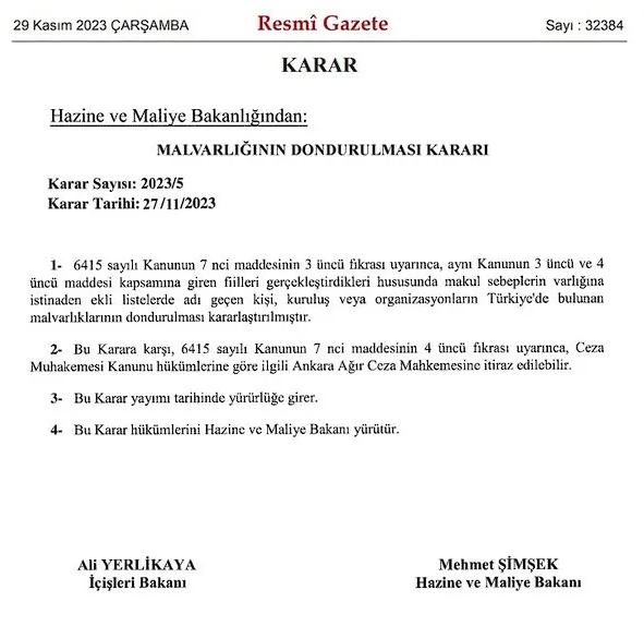 Resmi Gazete'de yayımlandı! 62 kişi ile 20 kurumun malvarlığı donduruldu - Resim: 0