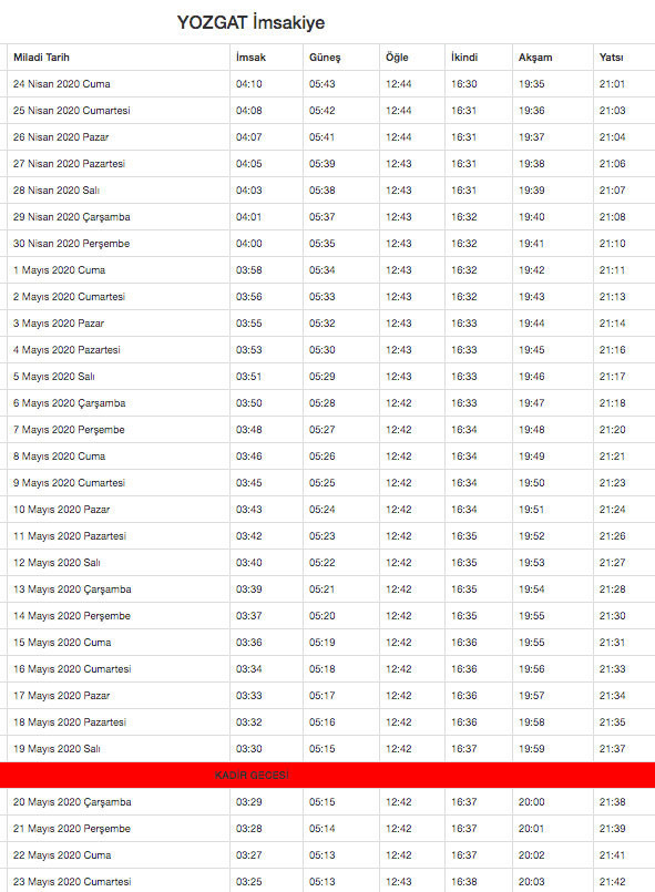 yozgat imsakiye 2020 diyanet imsakiyesi
