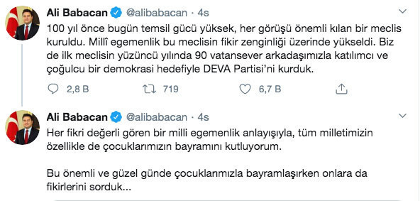 Ali Babacan'ın 23 Nisan mesajı olay oldu tepki gelince yeni mesaj paylaştı - Resim: 0
