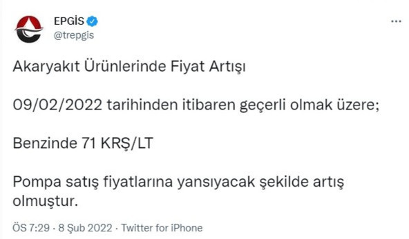 9 Şubat 2022 itibariyle benzine bir zam daha geldi! Motorin ve benzin zamlı fiyatları - Resim: 0