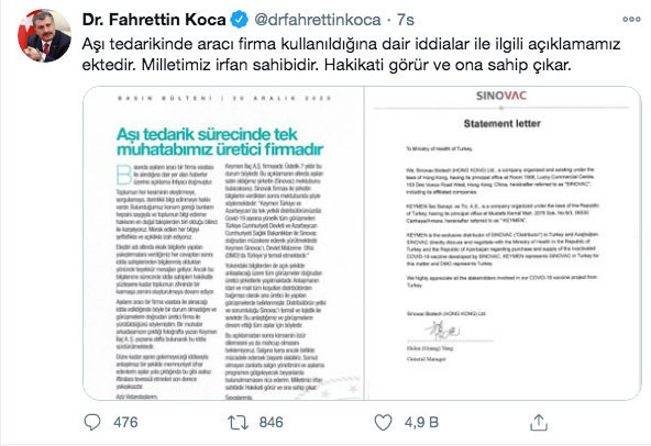 Sağlık Bakanı Fahrettin Koca'dan Kovid-19 aşısının aracı firma vasıtasıyla alındığı iddialarına ilişkin açıklama - Resim: 0