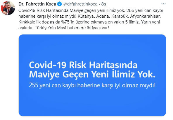 Bakan Fahrettin Koca 5 ildeki yeni gelişmeyi duyurdu! "Türkiye'nin Mavi haberlere ihtiyacı var!" - Resim: 0