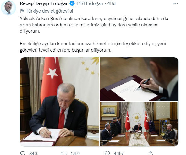 Cumhurbaşkanı Erdoğan'dan YAŞ kararları sonrası teşekkür mesajı - Resim: 0