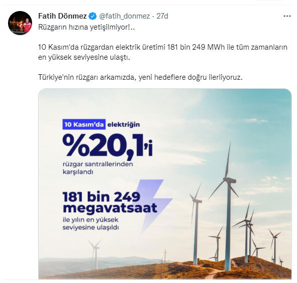 Bakan Fatih Dönmez açıkladı! Rüzgardan elektrik üretimi 10 Kasım'da rekor kırdı - Resim: 0