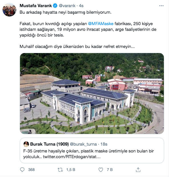 Bakan Varank'tan fabrika açılışını eleştiren kullanıcıya yanıt ülkenizden bu kadar nefret etmeyin - Resim: 0