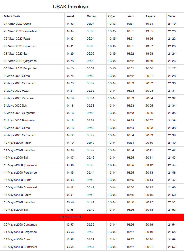 uşak imsakiye 2020 diyanet imsakiyesi