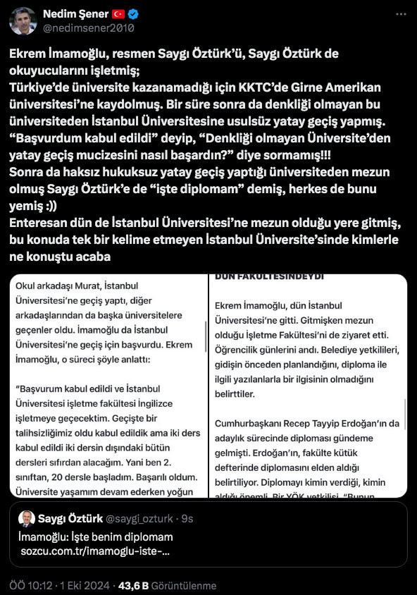 Nedim Şener'den Saygı Öztürk'ün 'İmamoğlu: İşte benim diplomam' yazısına tepki: Okurları işletti - Resim: 0