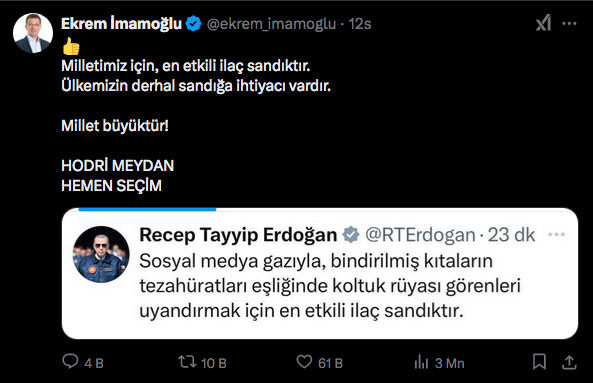 Ekrem İmamoğlu'ndan Erdoğan'ın sözlerine yanıt: Hodrim meydan hemen seçim - Resim: 0