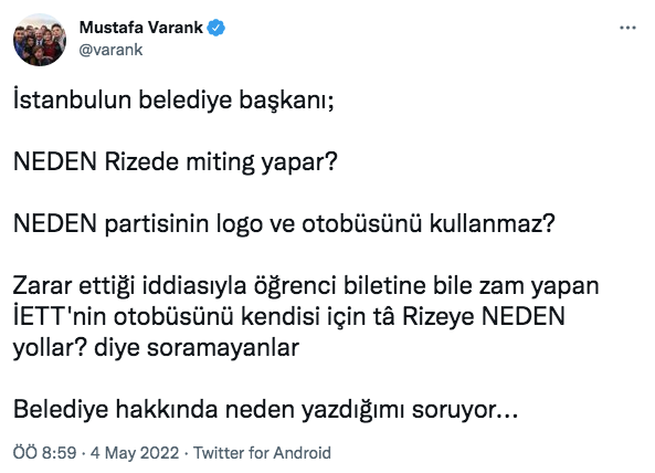 Bakan Mustafa Varank'tan Ekrem İmamoğlu'na: Neden Rize'de miting yapar? - Resim: 0