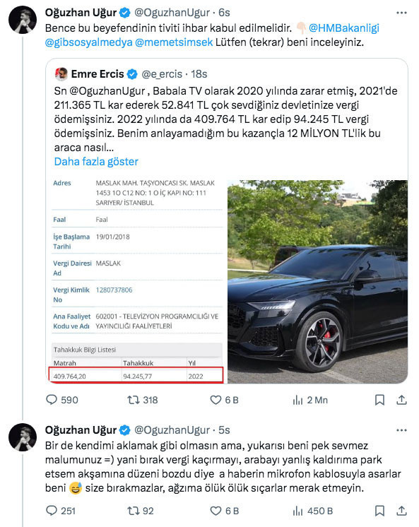 Oğuzhan Uğur'dan vergi ve 12 milyonluk araba yanıtı: İhbar kabul edilmelidir - Resim: 0