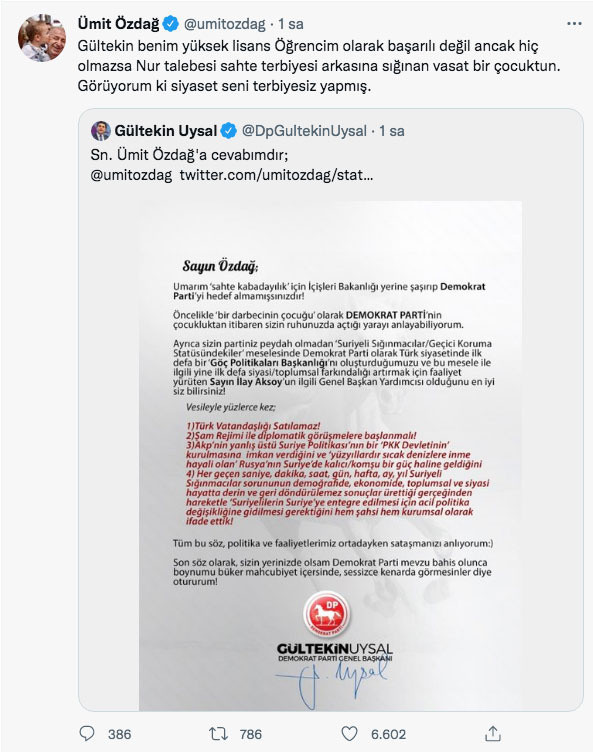 Afgan ev sahibinin evden çıkarttığı Gültekin Uysal'ı eleştiren Ümit Özdağ'a yanıt: Darbecinin çocuğu - Resim: 0