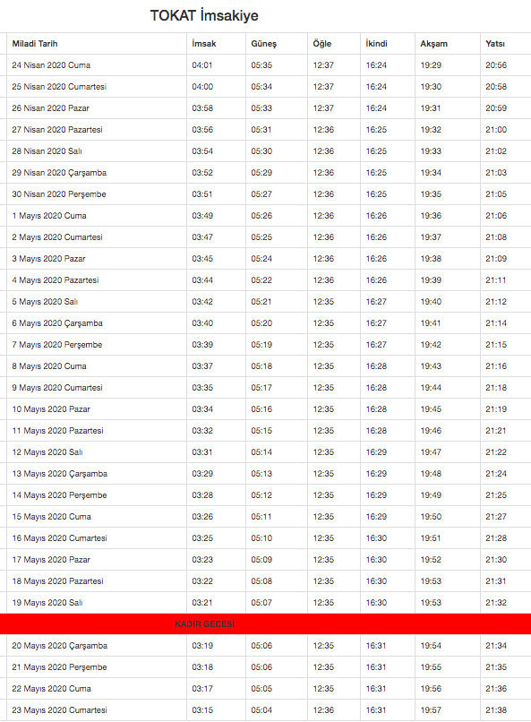 tokat imsakiye 2020 iftar