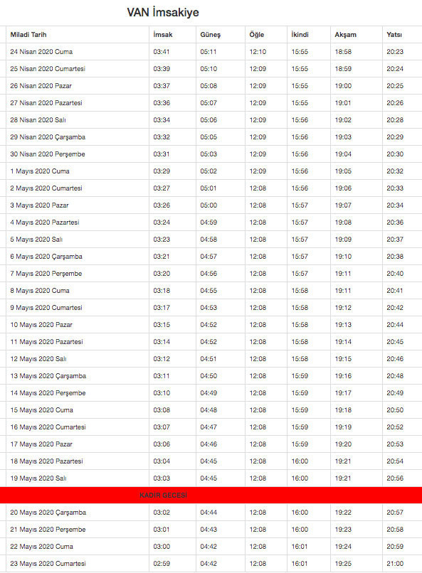 van imsakiye 2020 diyanet imsakiyesi