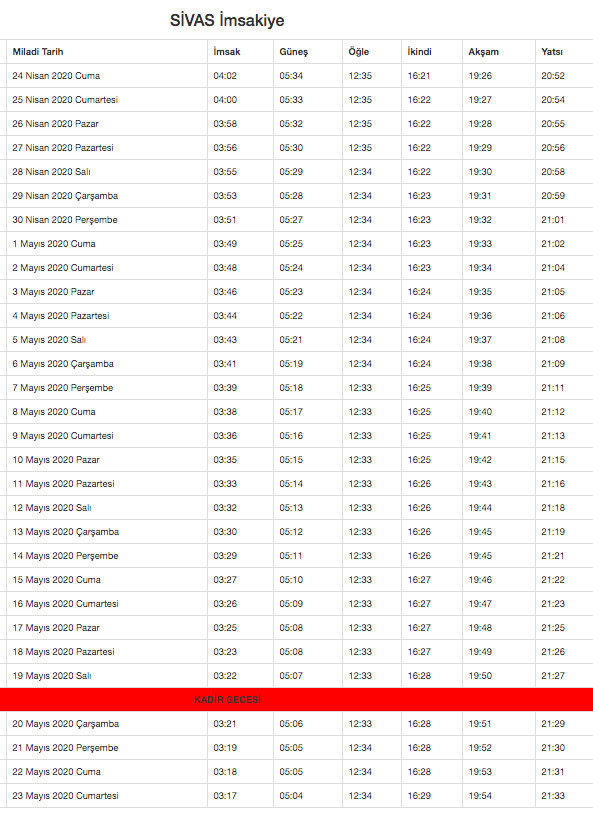 sivas imsakiye 2020 diyanet