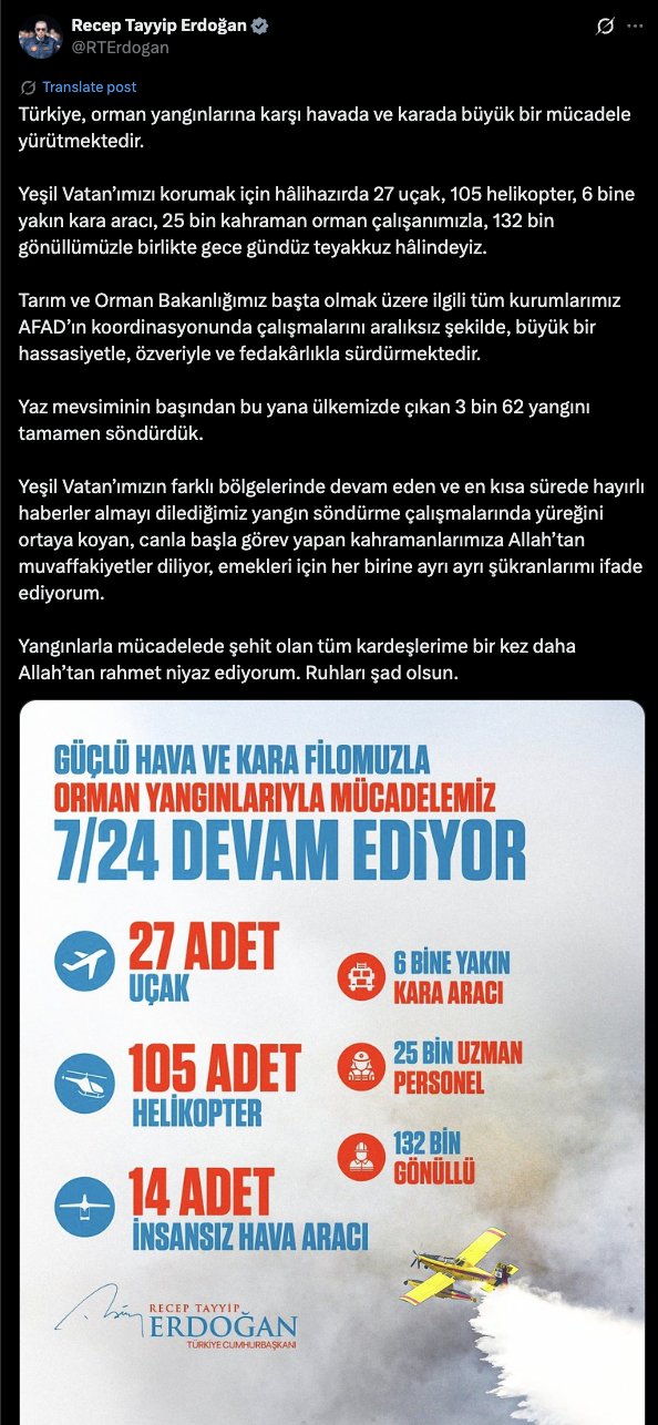 Cumhurbaşkanı Erdoğan'dan orman yangınlarıyla ilgili paylaşım - Resim: 0