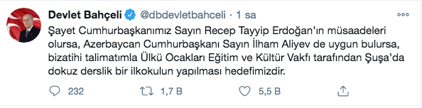 Devlet Bahçeli'den Dağlık Karabağ açıklaması! Şuşa’da ilkokul yapılması talimatı verdi - Resim: 1
