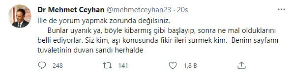 Prof. Ceyhan’dan aşı karşıtı takipçisine çok sert tepki! Siz kim fikir öne sürmek kim? - Resim: 1