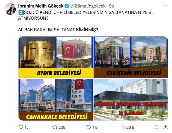 Sözcü'nün manşeti olay oldu Melih Gökçek şatafatlı CHP'li belediye binalarını paylaştı saltanatın kralı burada - Resim: 2
