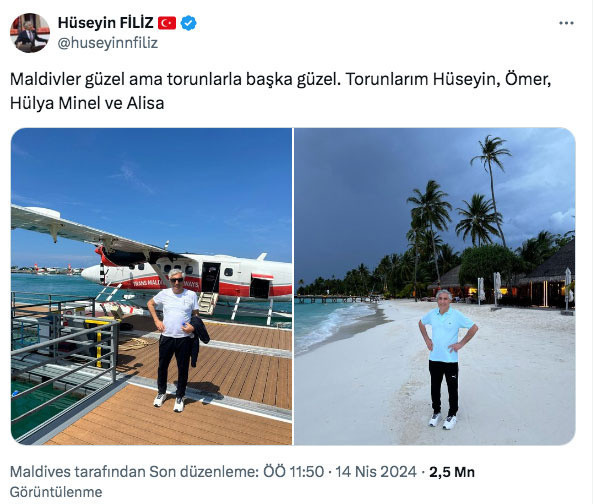 AK Partili Hüseyin Filiz'den tepki çeken paylaşım: Maldivler güzel ama torunlarla başka güzel - Resim: 0
