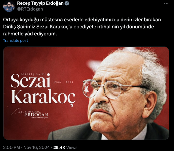 Cumhurbaşkanı Erdoğan'dan, Sezai Karakoç'un vefat yıl dönümüne ilişkin paylaşım - Resim: 0