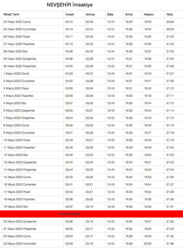 nevşehir imsakiyesi 2020 diyanet