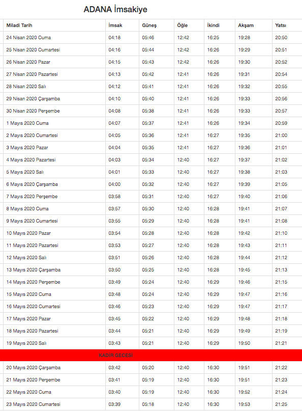 adana imsakiyesi 2020